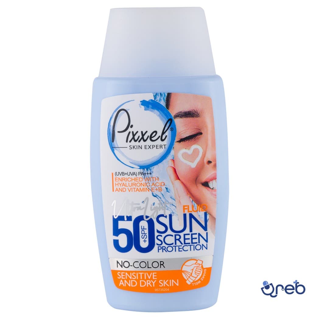 کرم ضد آفتاب پیکسل مناسب پوست خشک و حساس و نرمال اس پی اف 50 بدون رنگ  حجم 50میلی لیتر